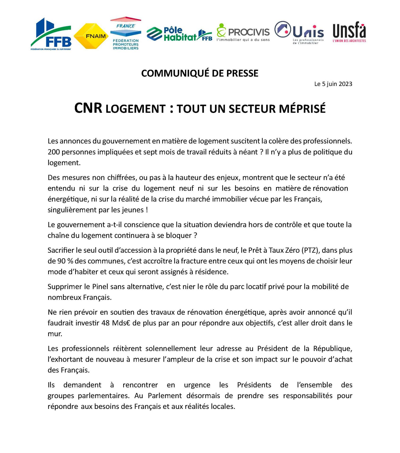 Communiqué de presse profession immobiliere CNR